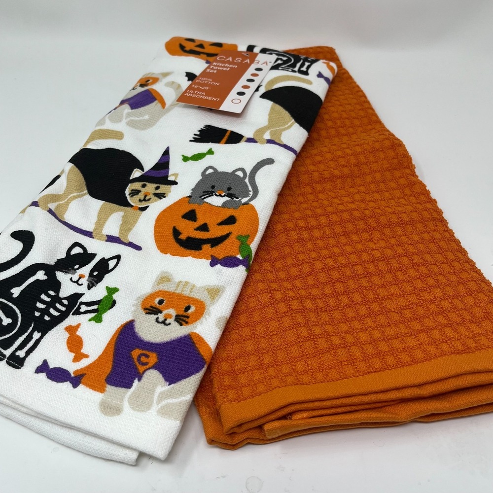 Casaba Halloween Cat Kitchen Towels Set 2 Orange Cotton Ultra Absorbent 18x28